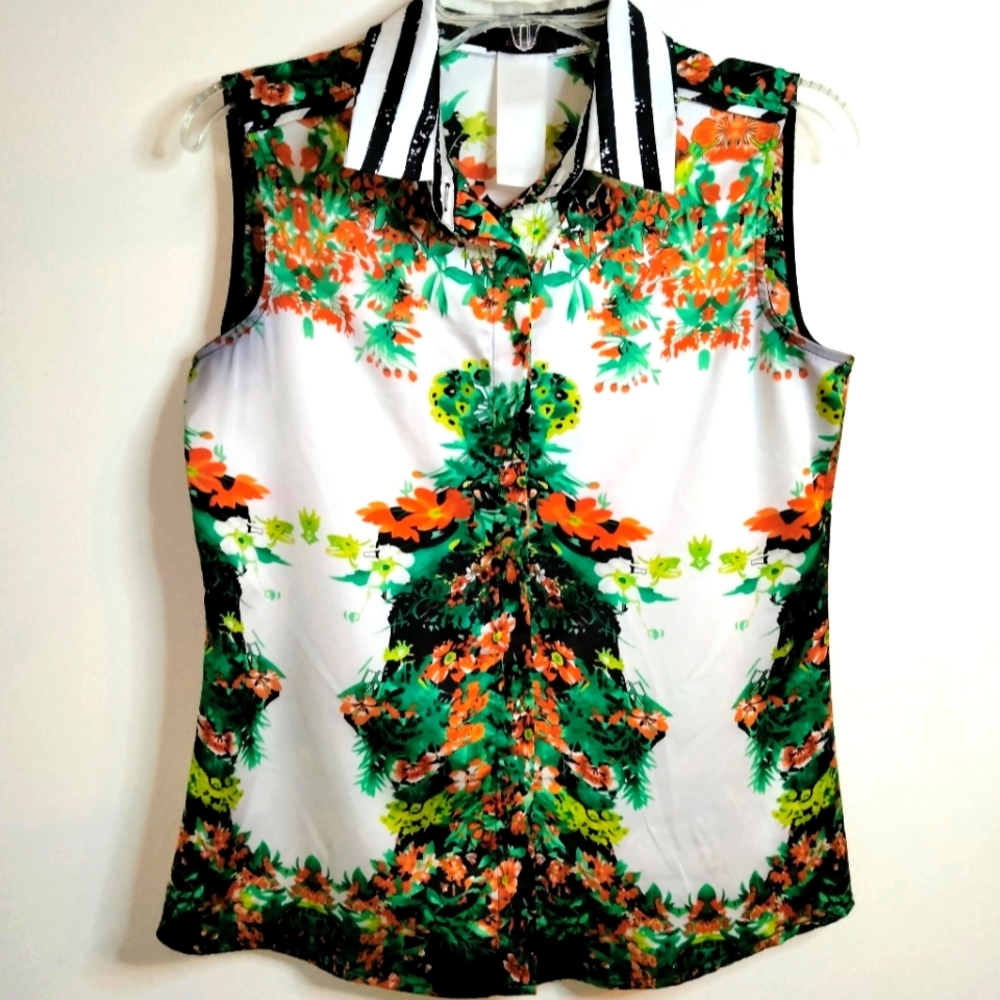 Mark. (Size M) Multicolored Floral & Striped Collar Concealed Button Blouse